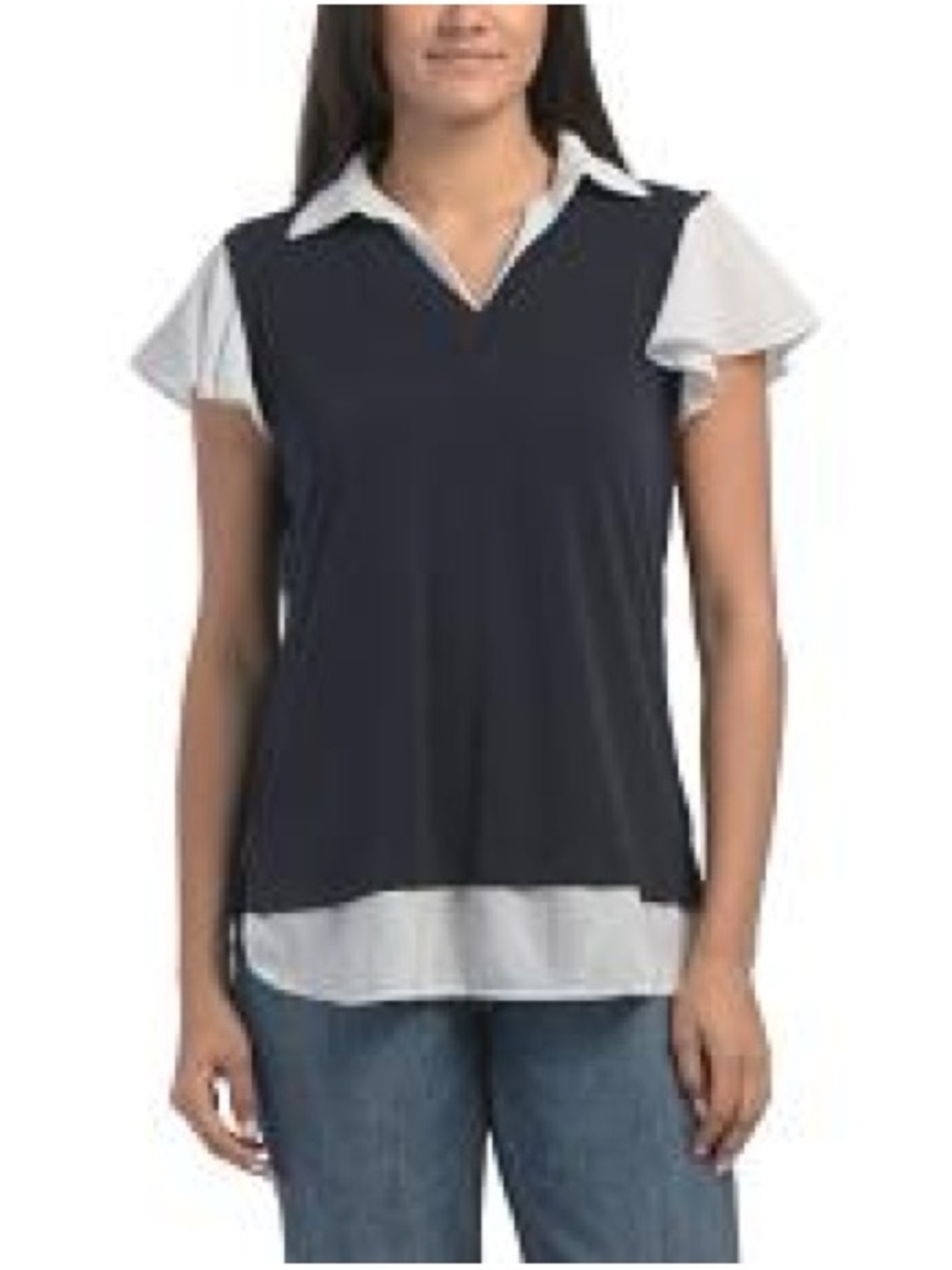 Adrianna Papell Navy and White Layered-Look Collared Blouse